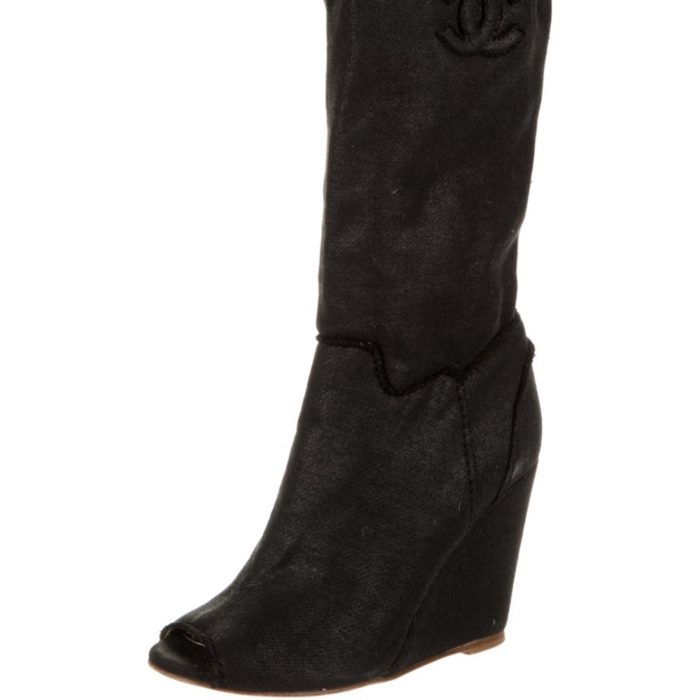 Black CHANEL Mid-Calf Black Boots, peep toe.